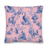 Luxury throw pillow cover featuring a gothic toile pattern in deep blue on a soft pink background, with skeletal figures, peacocks, and floral motifs.