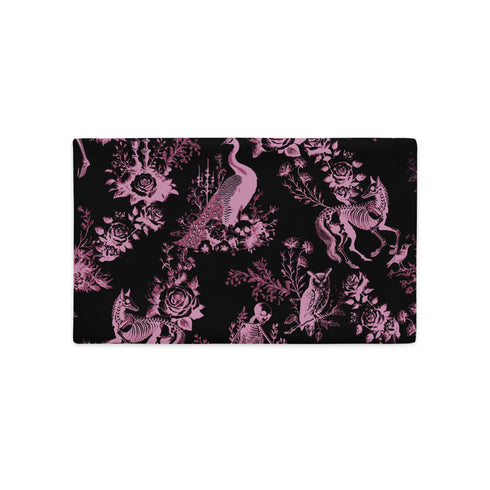 Luxury throw pillow cover featuring a gothic toile pattern in lavender on a black background, with skeletal figures, peacocks, and floral motifs.
