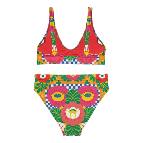 Colorful high waisted bikini set with bold floral and checkerboard print featuring pink, red, yellow, green, blue, and white tones. Scoop neck bikini top with wide straps and matching high rise bottoms with structured waistband. Smooth stretch swim fabric with symmetrical floral motifs and graphic checker pattern. Bright, retro-inspired design with vibrant color blocking and modern sporty silhouette.