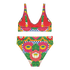 Colorful high waisted bikini set with bold floral and checkerboard print featuring pink, red, yellow, green, blue, and white tones. Scoop neck bikini top with wide straps and matching high rise bottoms with structured waistband. Smooth stretch swim fabric with symmetrical floral motifs and graphic checker pattern. Bright, retro-inspired design with vibrant color blocking and modern sporty silhouette.