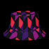 Reversible unisex bucket hat featuring two distinct geometric designs - one side showcases a bold abstract pattern with angular shapes in vibrant purple, pink, red, and black creating dynamic geometric forms and diamond-like structures, while the reverse side displays a contemporary abstract composition with curved organic shapes, linear textures, and color-blocking in purple, red, and black tones. Made from 100% polyester with textured linen feel, this moisture-wicking and breathable hat is available in XS