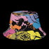 Abstract pop art floral bucket hat featuring a vibrant and bold artistic design with colorful floral motifs in bright pink, orange, yellow, blue, and black tones. The design showcases oversized abstract flowers, coral-like organic shapes, and decorative patterns with dots and stripes in a contemporary pop art style. Made from 100% polyester with textured linen feel, this moisture-wicking and breathable unisex hat is available in XS, S/M, and L/XL sizes, perfect for festivals, streetwear, and artistic fashio