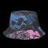 Abstract pop art floral bucket hat featuring a vibrant and bold artistic design with colorful floral motifs in bright pink, orange, yellow, blue, and black tones. The design showcases oversized abstract flowers, coral-like organic shapes, and decorative patterns with dots and stripes in a contemporary pop art style. Made from 100% polyester with textured linen feel, this moisture-wicking and breathable unisex hat is available in XS, S/M, and L/XL sizes, perfect for festivals, streetwear, and artistic fashio