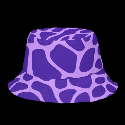Reversible unisex bucket hat featuring two distinct designs - one side showcases a vibrant floral pop art pattern with purple, pink, green and blue splashes and organic flower motifs, while the reverse side displays a purple giraffe print pattern with dark purple giraffe spots on a light purple background. Made from 100% polyester with textured linen feel, this moisture-wicking and breathable hat is available in XS, S/M, and L/XL sizes for ultimate style versatility.