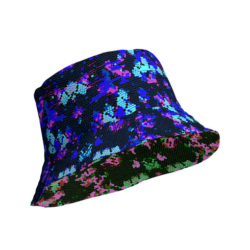 Vibrant snakeskin pattern bucket hat in green, purple, and pink hues,