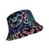 Reversible bucket hat with colorful snakeskin print in pastel shades of pink, blue, and yellow