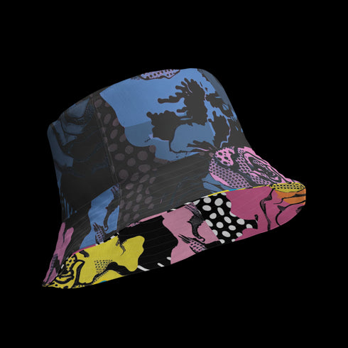 Abstract pop art floral bucket hat featuring a vibrant and bold artistic design with colorful floral motifs in bright pink, orange, yellow, blue, and black tones. The design showcases oversized abstract flowers, coral-like organic shapes, and decorative patterns with dots and stripes in a contemporary pop art style. Made from 100% polyester with textured linen feel, this moisture-wicking and breathable unisex hat is available in XS, S/M, and L/XL sizes, perfect for festivals, streetwear, and artistic fashio
