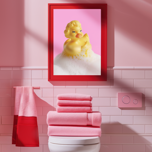 A fine art print of a glamorous rubber duck styled like Marilyn Monroe, with short curled blonde hair and soap bubbles. Displayed in a gold ornate frame against a pink wall with orange bead curtains.
