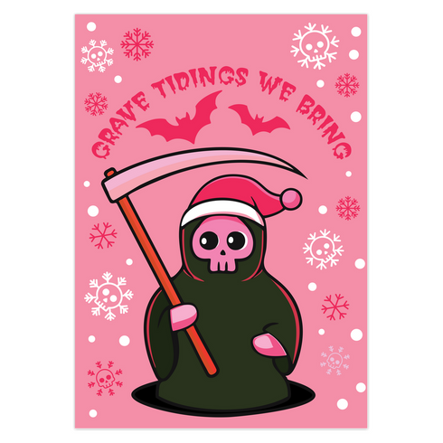 Quirky Christmas card featuring grim reaper in Santa hat. Pink background with bats, snowflakes, skull motifs. Text reads 'Grave Tidings We Bring'. Humorous blend of holiday cheer and gothic aesthetic. Perfect for alternative Christmas greetings.
