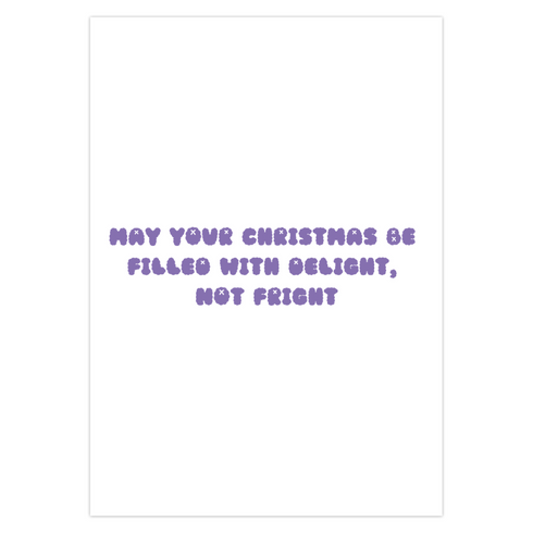Christmas card with a playful ghost theme. Central cute pink ghost wearing a purple Santa hat, flanked by two smaller purple ghosts. Yellow background with snowflakes. Text reads "Boo HUMBUG" in purple bubble letters. Blends Christmas and Halloween elements for a unique holiday greeting. Inside message: "May your Christmas be filled with delight, not fright.