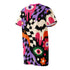 A short-sleeve, above-the-knee t-shirt dress with a relaxed, straight fit and a crew neckline. The dress features a vibrant, chaotic, all-over graphic print. The design includes sections of distorted, wavy black and cream checkerboard, mixed with bold, abstract shapes in bright purple, hot pink, and vivid orange. Scattered throughout the pattern are motifs of hot pink dripping slime, a black bat silhouette, a stylized green eye with a pink iris, and retro pink and purple daisy flowers.