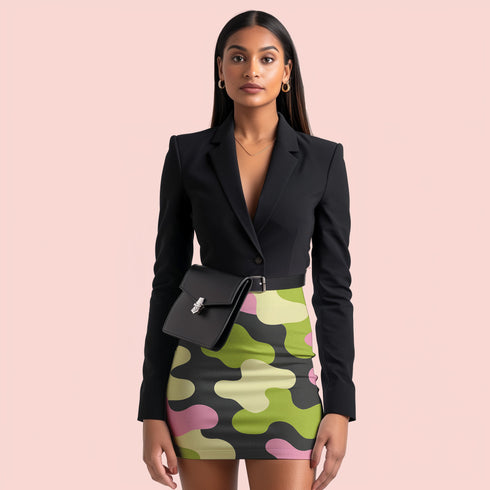 Honey Dazed bodycon mini skirt with abstract camo-inspired shapes in green, pink, black, and sage. The design mimics camouflage blobs with an amoeba-like twist in a high-waisted, stretchy silhouette. Made from eco-friendly performance fabric, this skirt is festival-ready, weirdcore-approved, and dance-floor durable. A subversive, soft-meets-tactical piece that blends retro rave energy with streetwear defiance.