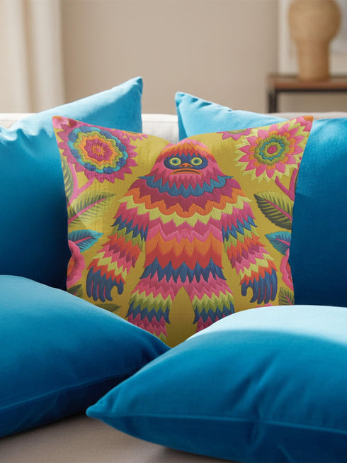 A square faux embroidery pillow featuring a brightly colored maximalist design against a mustard yellow background. In the center stands a stylized, furry Bigfoot or Sasquatch figure rendered in vibrant layers of pink, orange, blue, and lime green with a blue face and yellow eyes. The central creature is surrounded by large, detailed symmetrical pink and blue flowers and leaves. The flat printed fabric creates a highly realistic optical illusion of dimensional crewel embroidery stitches.