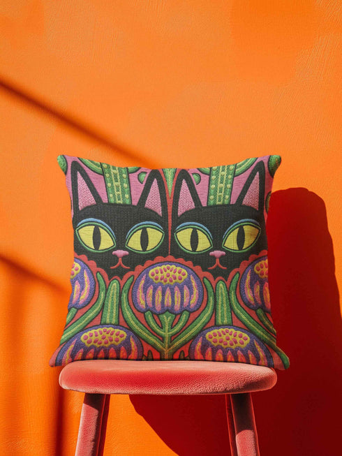 A square decorative pillow cover featuring a vibrant, symmetrical flat printed design that mimics the look of textured embroidery. Two black cats with large yellow eyes and pink noses face forward against a bright red background. Below the cats are large purple and pink flowers with green stems. Above the cats are green cactus shapes. The artwork uses bold, colorful outlines to create an optical illusion of stitching, though the fabric itself is smooth.