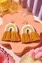 a pair of yellow and white tassel earrings with fringed tassels, displayed on a pink speckled surface.