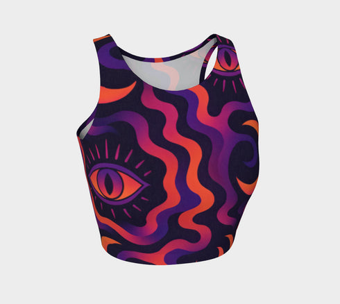 Cropped tank top with psychedelic purple and coral swirling waves pattern featuring mystical third eye designs, racerback style sleeveless womens festival top with body-hugging fit for rave outfits, alternative clothing, y2k aesthetic streetwear, trippy spiritual print crop top for concerts and music festivals, black owned shops bohemian mystical shirt