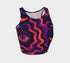 Cropped tank top with psychedelic purple and coral swirling waves pattern featuring mystical third eye designs, racerback style sleeveless womens festival top with body-hugging fit for rave outfits, alternative clothing, y2k aesthetic streetwear, trippy spiritual print crop top for concerts and music festivals, black owned shops bohemian mystical shirt