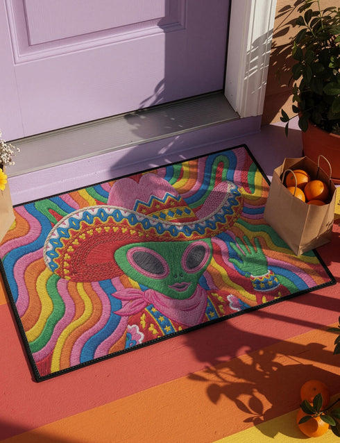 A rectangular doormat featuring a vibrant 2D flat print designed to look like textured yarn embroidery. The central graphic showcases a bright green alien with large black eyes, wearing a pink neck bandana and a highly decorated red, pink, and blue sombrero cowboy hat. The alien has one green hand raised in a friendly wave. The background is a psychedelic pattern of wavy, flowing rainbow stripes in yellow, orange, red, pink, blue, and green. The mat has a sleek black outer edge trim.