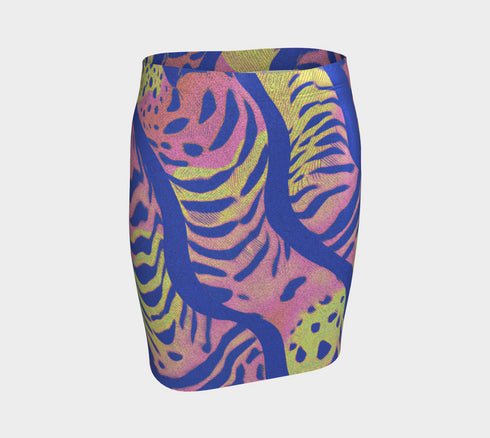 High-waisted mini skirt with a vibrant pastel tiger stripe pattern in electric blue, soft pink, yellow, and violet. The bodycon silhouette hugs curves with a comfy elastic waistband and stretch fabric. Available in smooth performance fabric or glitter finish. A maximalist fashion piece for festivals, summer outfits, and ravewear.