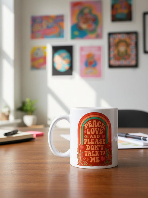 A glossy white porcelain ceramic mug featuring a vibrant maximalist design centered on the exterior. The artwork displays a retro 1970s-inspired rainbow arch composed of concentric bands in burnt orange, mustard yellow, and teal green. Inside the arch, stylized vintage bubble-serif typography in reddish-orange reads PEACE LOVE AND PLEASE DON'T TALK TO ME. The design evokes a groovy, hippie aesthetic mixed with sassy introvert humor.