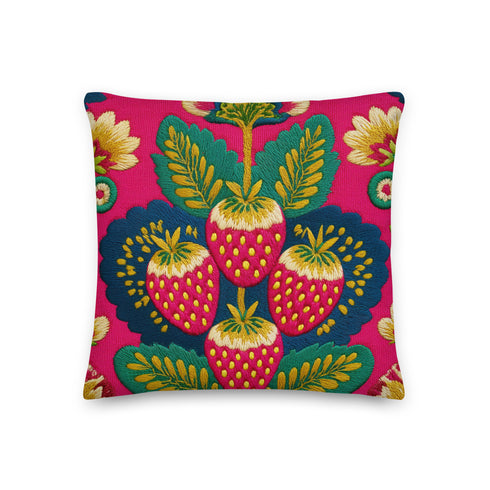 A square throw pillow with a vibrant, folk art-inspired design. The pillow's background is a bright, saturated fuchsia pink. The central design features four stylized strawberries arranged in a cluster, rendered in a way that mimics thick, textural embroidery. Each strawberry is red. The overall aesthetic is colorful, eclectic, and maximalist, with a distinct retro or 70s feel. The pillow cover has a visible linen-like texture.