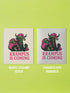 A 5x7 inch Krampus Christmas card shown in two paper finishes. The front features a stylized illustration of the folklore demon Krampus with green skin, black horns, and a pink Santa hat. He carries a large pink sack filled with three skulls over his shoulder. Below him, the words "KRAMPUS IS COMING" are printed in bold pink text. The inside of the card is blank on the left and has the printed text "Hope you've been beautifully bad this year." on the right.