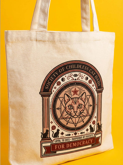 A beige canvas tote bag featuring a vintage-style circular crest design in rust orange and black. The text reads "Society of Childless Cat Dads" in an arch over a central illustration of a tabby cat face inside a geometric star and hexagon symbol. Below the cat, the text reads "Loyal to Cats, Suspicious of Fascists." A banner at the bottom reads "For Democracy." The design features occult and whimsigoth elements like crescent moons, columns, and fish bones.