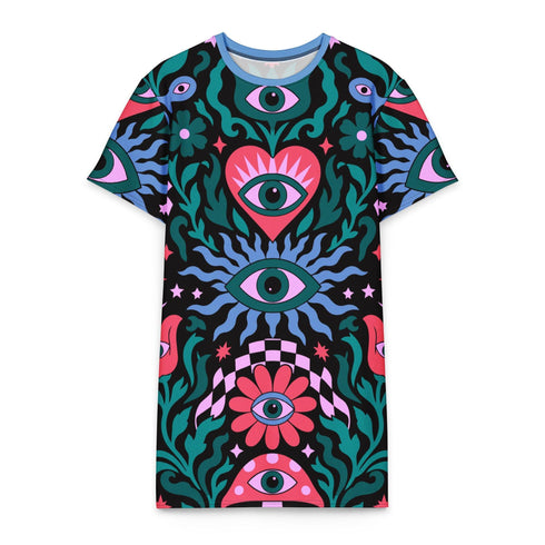 A short-sleeve, above-the-knee t-shirt dress with a true black background. The front features a vibrant, vertically stacked symmetrical graphic design. From top to bottom, the design includes a pink heart containing a green and blue eye, a large blue sunburst with a central eye, a red daisy flower with an eye flanked by pink and black checkered arches, and a pink mushroom cap with an eye. Swirling emerald green foliage, pink stars, and purple stars fill the negative space around the motifs.