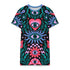 A short-sleeve, above-the-knee t-shirt dress with a true black background. The front features a vibrant, vertically stacked symmetrical graphic design. From top to bottom, the design includes a pink heart containing a green and blue eye, a large blue sunburst with a central eye, a red daisy flower with an eye flanked by pink and black checkered arches, and a pink mushroom cap with an eye. Swirling emerald green foliage, pink stars, and purple stars fill the negative space around the motifs.