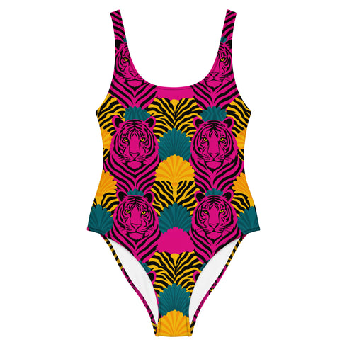 High-cut one-piece swimsuit with a bold psychedelic tiger print in hot pink, yellow, green, teal, and black. Features tiger faces, zebra stripes, and fan-shaped motifs in a maximalist retro style. Made from 81% recycled polyester and 19% LYCRA XTRALIFE. Includes cheeky fit and UPF50+ sun protection. Double layered and non-reversible. Available in sizes XS to 3XL.