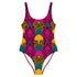 High-cut one-piece swimsuit with a bold psychedelic tiger print in hot pink, yellow, green, teal, and black. Features tiger faces, zebra stripes, and fan-shaped motifs in a maximalist retro style. Made from 81% recycled polyester and 19% LYCRA XTRALIFE. Includes cheeky fit and UPF50+ sun protection. Double layered and non-reversible. Available in sizes XS to 3XL.