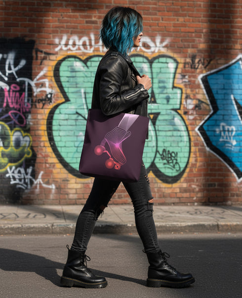 A person with blue hair is walking down a street, carrying a purple tote bag with a skateboard design on it. The background features a brick wall with graffiti.