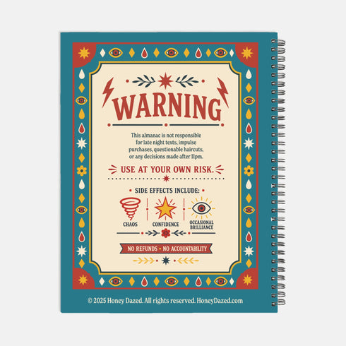 A spiral-bound hardcover planner featuring a retro-style teal cover with the text "An Almanac of Poor Decisions" in bold red and cream typography. The cover includes a grumpy cloud raining down lightning bolts, alongside stars, flowers, and vintage banners. The interior reveals crisp white pages with a 2026 to 2027 year-at-a-glance spread, plus clean, minimalist, completely undated monthly and weekly calendar grids with dedicated sections for writing daily to-do lists and random notes.