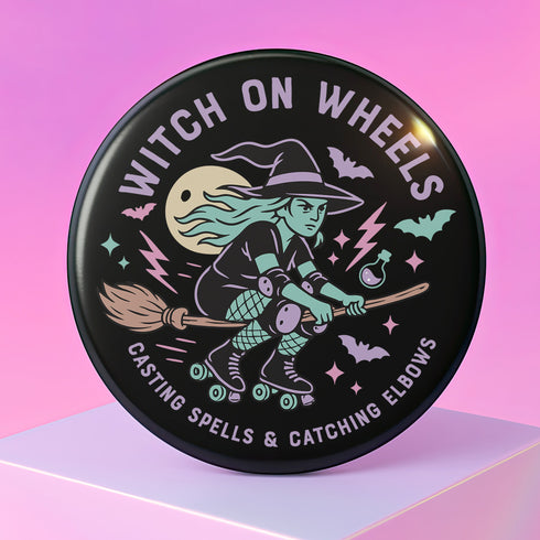 A round sticker with a witch riding a skateboard and holding a broom, surrounded by bats, lightning bolts, and a full moon.