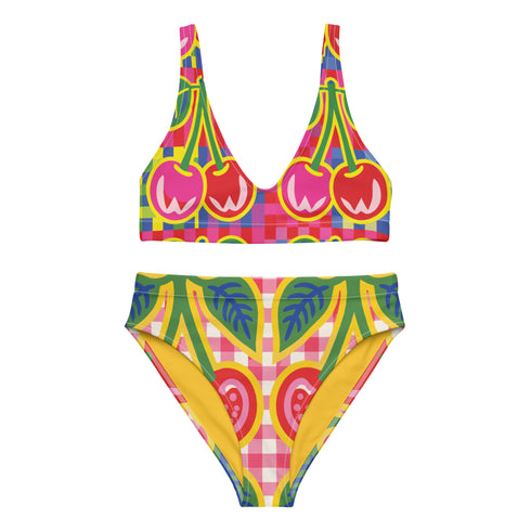 Vibrant two piece maximalist bikini with a v neck bralette top and high waisted bottom. The fabric mixes a bright yellow and hot pink gingham checkerboard with oversized neon pink and red cherries, green leaves, and semicircle watermelon shapes with white dots along the lower edge. Smooth, stretchy recycled polyester with UPF 50 sun protection and removable padding. Bold retro pop art swimwear in saturated dopamine colors, built for pool parties, vacation outfits, and fun beach days.