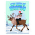humorous holiday card featuring an illustration of Glenn Danzig from the Misfits riding a reindeer, wearing a Santa hat and wrapped in Christmas lights. The text at the top reads "Last Caress of Christmas" in icy blue letters, referencing the iconic Misfits song. The background depicts a snowy winter scene, combining punk rock and festive elements for a playful twist.