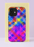 Front view of a dual layer tough phone case printed edge to edge with a glitchy rainbow gingham plaid. Crisscrossing bands of hot pink, magenta, electric blue, sunny yellow, red, teal, and purple overlap in a watercolor wash, with tiny halftone dots and brushy texture showing through the stripes. A soft violet and fuchsia haze settles over the lower half of the case. Bold Y2K dopamine color phone accessory with open ports and a precise camera cutout.