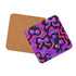 Square drink coaster featuring a bold Y2K-inspired pattern with gradient cherries and shiny pink bows on a black background with psychedelic pink, purple, and blue squiggle lines. Made from hardboard MDF with a non-slip cork backing and a high-gloss topcoat. Measures 3.74 by 3.74 inches. Water-repellent and heat-resistant, ideal for pastel goth, coquette, maximalist, and dopamine decor themes.
