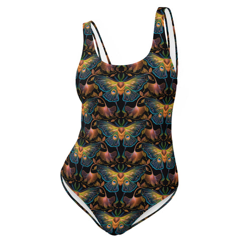 One-piece swimsuit featuring a kaleidoscopic luna moth pattern in moody jewel tones—emerald, sapphire, and amber—against a dusky violet-black background. The mirrored design gives it a mystical, gothic vibe with a sleek silhouette and scoop neckline. A swimwear stunner for witchy water babies and celestial sirens.
