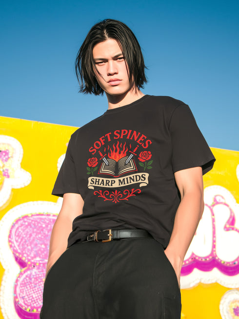 A black unisex t-shirt is shown flat on a neutral surface. The front of the shirt features a detailed graphic in a traditional tattoo style with red and white elements. In the center is an open book with flames rising from its pages. Two daggers pierce the book from either side. The book is flanked by two red roses with green leaves. Above the book, the words "SOFT SPINES" are written in a red arched font. Below, a white banner reads "SHARP MINDS." The overall aesthetic is gothic literary.