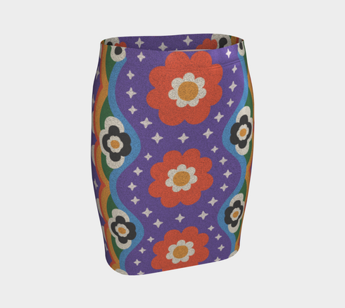 Form-fitting bodycon mini skirt with a mid-rise elastic waistband, falling to mid-thigh in smooth stretch fabric. It features a bold groovy mod floral print: oversized orange flowers with white inner petals and golden yellow centers, black flower accents, and white four-point sparkles, all set on a deep purple background. Rainbow borders in blue, green, orange, and yellow run down each side. The all-over design is a flat dye-sublimated print, available in a smooth knit or glitter knit finish.