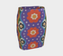 Form-fitting bodycon mini skirt with a mid-rise elastic waistband, falling to mid-thigh in smooth stretch fabric. It features a bold groovy mod floral print: oversized orange flowers with white inner petals and golden yellow centers, black flower accents, and white four-point sparkles, all set on a deep purple background. Rainbow borders in blue, green, orange, and yellow run down each side. The all-over design is a flat dye-sublimated print, available in a smooth knit or glitter knit finish.