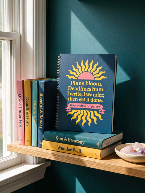 A hardcover spiral planner for 2027 with a dark blue cover and retro 70s style graphics. The title reads "2027 SHITSHOW All-Seeing Agenda" in bold yellow and pink text. Below the title is a large, stylized all-seeing eye with pink rays emanating from it. At the bottom, a pink ribbon contains the text "BLINK TWICE FOR MERCY." The back cover is also dark blue with a yellow sun graphic and the text "Plans bloom. Deadlines hum. I write, I wander, then get it done. Keep receipts. Keep grace.