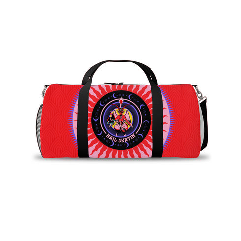 Red cylindrical roller skating duffle bag with black straps, featuring a prominent circular emblem with a colorful Baphomet design and "Hail Skatin" text. Includes mesh side pocket and adjustable padded shoulder strap.