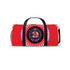 Red cylindrical roller skating duffle bag with black straps, featuring a prominent circular emblem with a colorful Baphomet design and "Hail Skatin" text. Includes mesh side pocket and adjustable padded shoulder strap.