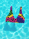 Colorblock animal print bikini top with neon pink, orange, green, purple, and blue abstract pattern. Scoop neck cut with wide straps, removable padding, double-layered fabric, UPF 50+, and made from soft, stretchy recycled polyester-spandex blend.