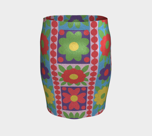 Form-fitting bodycon mini skirt with a mid-rise elastic waistband, falling to mid-thigh in smooth stretch fabric. It features a bold retro patchwork floral print: large mod daisies in red, purple, yellow, and green, set on a sky blue background with scattered green leaves. A central column frames single flowers on purple and pink tiles, edged by red and pink beaded borders. The all-over design is a flat dye-sublimated print, available in a smooth knit or glitter knit finish.