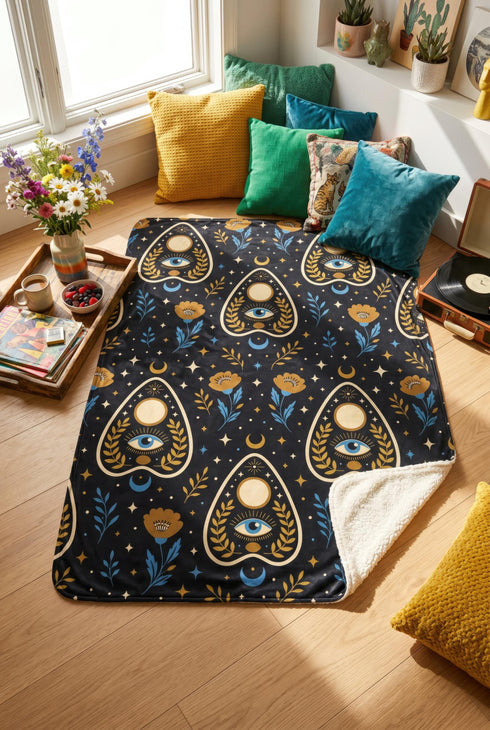 A rectangular velveteen minky blanket featuring a repeating dark academia pattern on a deep black background. The design includes gold and cream Ouija planchettes, each containing a blue all-seeing eye, a cream circle, and a light blue crescent moon framed by botanical leaves. Scattered between the planchettes are gold flowers with light blue stems, additional crescent moons, and small four-point stars. The reverse side of the blanket is made of a fluffy, textured off-white sherpa fleece.