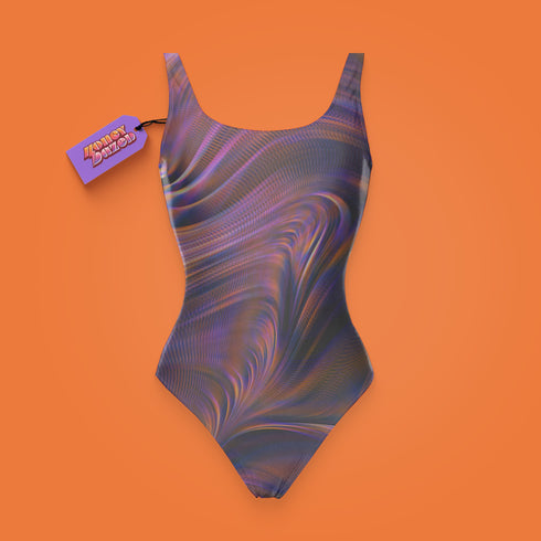 a swimsuit with a tag on an orange background