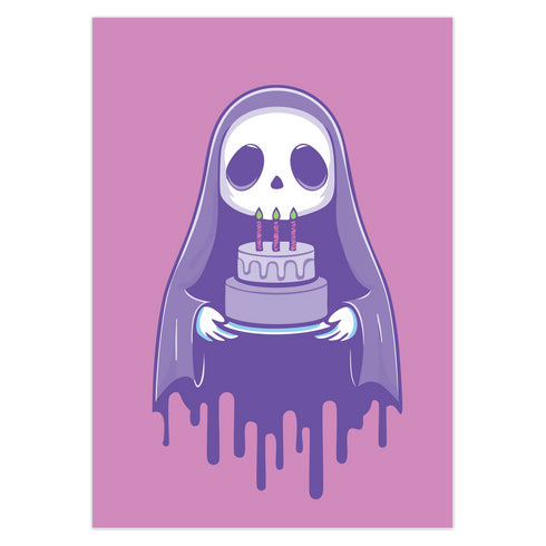Birthday card featuring a cute cartoon grim reaper holding a birthday cake on pink background. The reaper wears a purple cloak and has a white skull face. It's carrying a small purple cake with three lit candles. The reaper's cloak drips like melting icing at the bottom. Ideal for Halloween birthdays or gothic-themed celebrations. Inside greeting: "Hope your B-day is spooky AF and sweet as cake!"